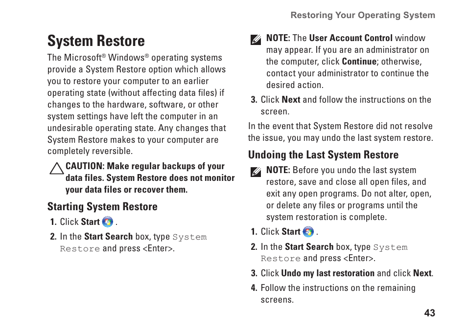 System restore | Dell Inspiron 580 (Late 2009) User Manual | Page 45 / 70