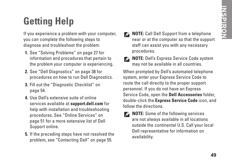 Getting help, Inspiron | Dell Inspiron 580 (Late 2009) User Manual | Page 51 / 70