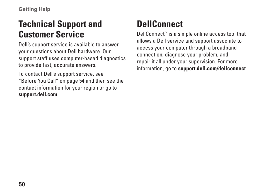 Technical support and customer service, Dellconnect, Technical support and customer | Service dellconnect | Dell Inspiron 580 (Late 2009) User Manual | Page 52 / 70