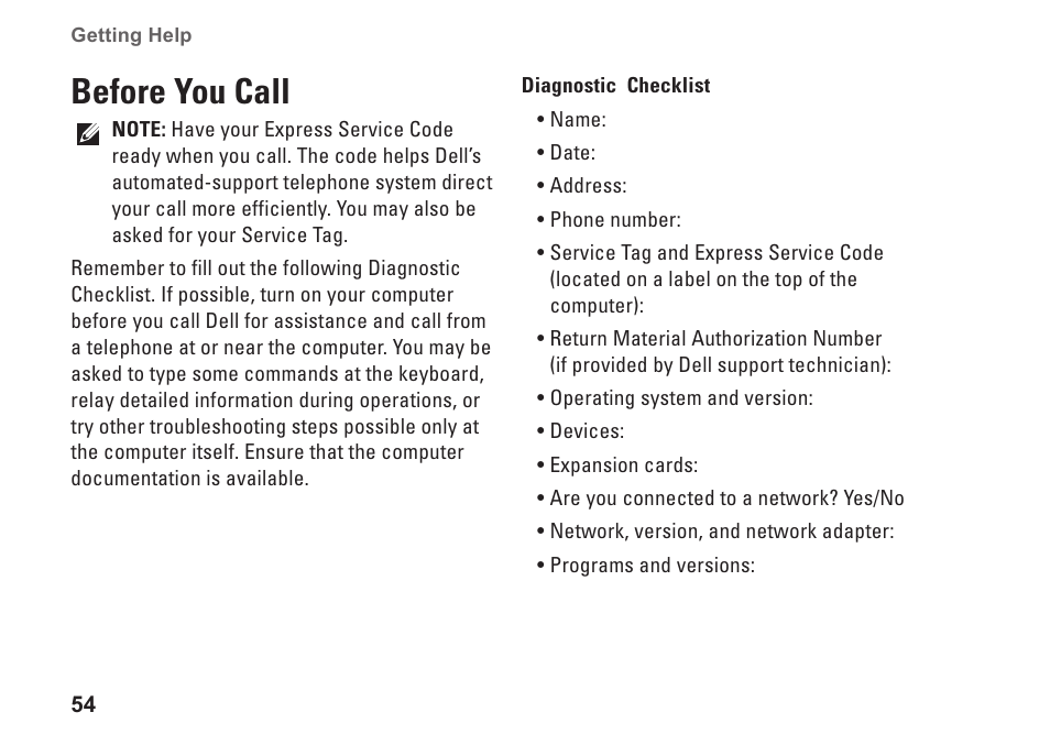 Before you call | Dell Inspiron 580 (Late 2009) User Manual | Page 56 / 70