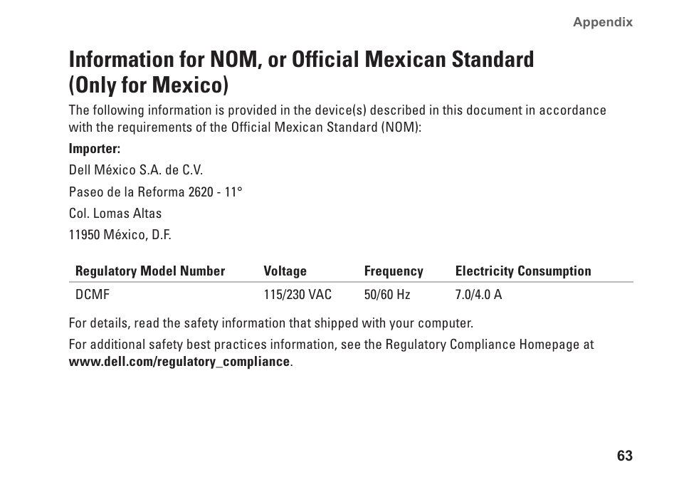 Information for nom, or official mexican, Standard (only for mexico) | Dell Inspiron 580 (Late 2009) User Manual | Page 65 / 70
