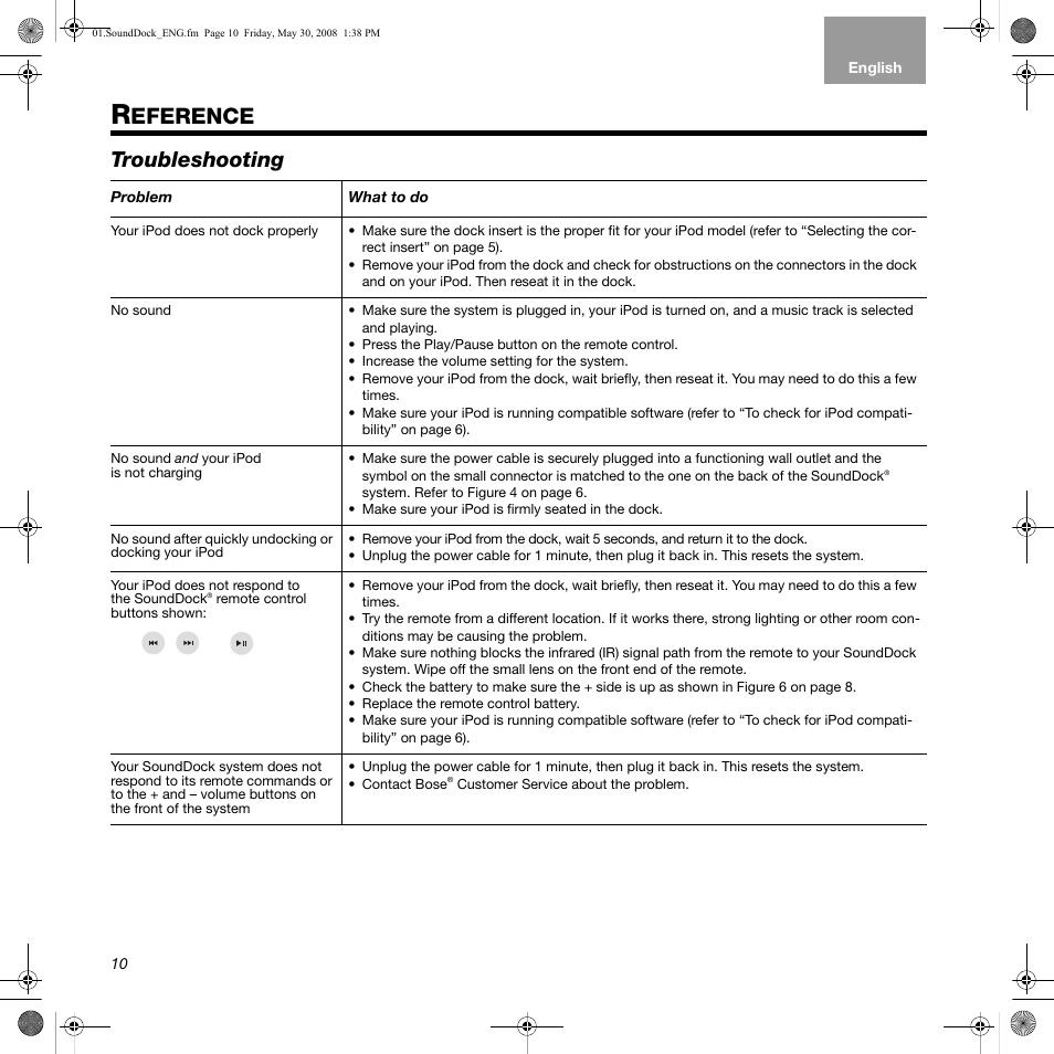 Eference, Troubleshooting | Bose SoundDock User Manual | Page 10 / 12