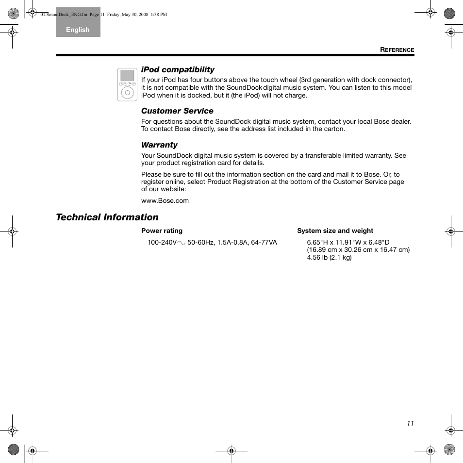 Technical information | Bose SoundDock User Manual | Page 11 / 12