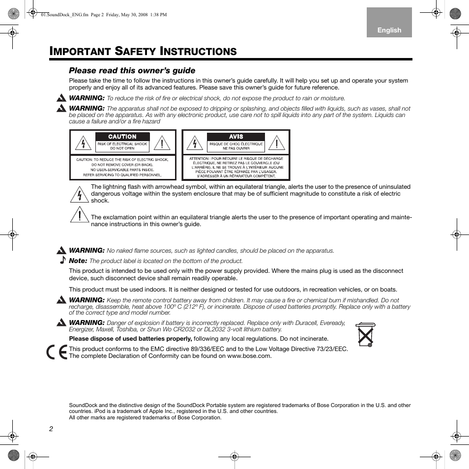 Mportant, Afety, Nstructions | Bose SoundDock User Manual | Page 2 / 12