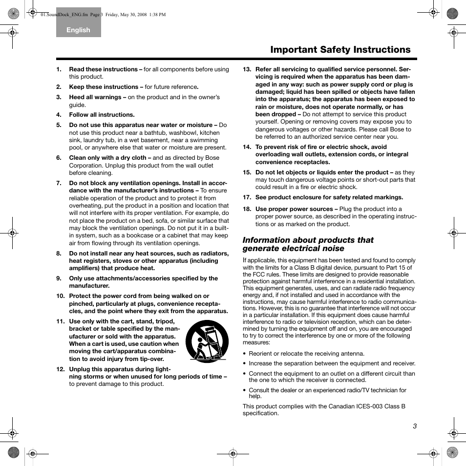 Important safety instructions, Information about products that, Generate electrical noise | Bose SoundDock User Manual | Page 3 / 12
