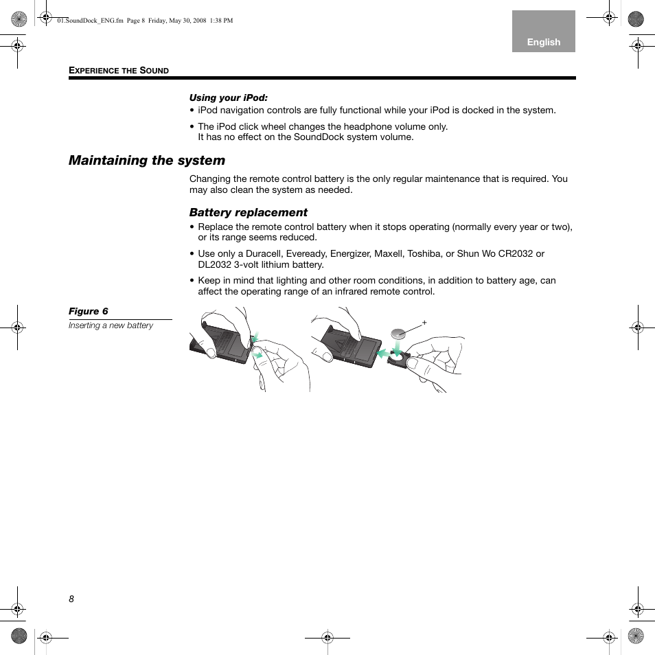 Maintaining the system, Battery replacement, Inserting a new battery | Bose SoundDock User Manual | Page 8 / 12