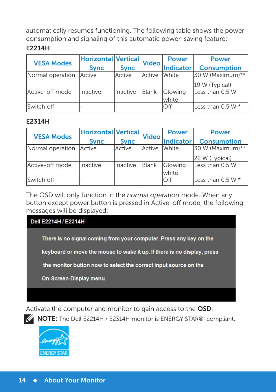 Monitor specifications, Power management modes | Dell E2214H Monitor User Manual | Page 14 / 70