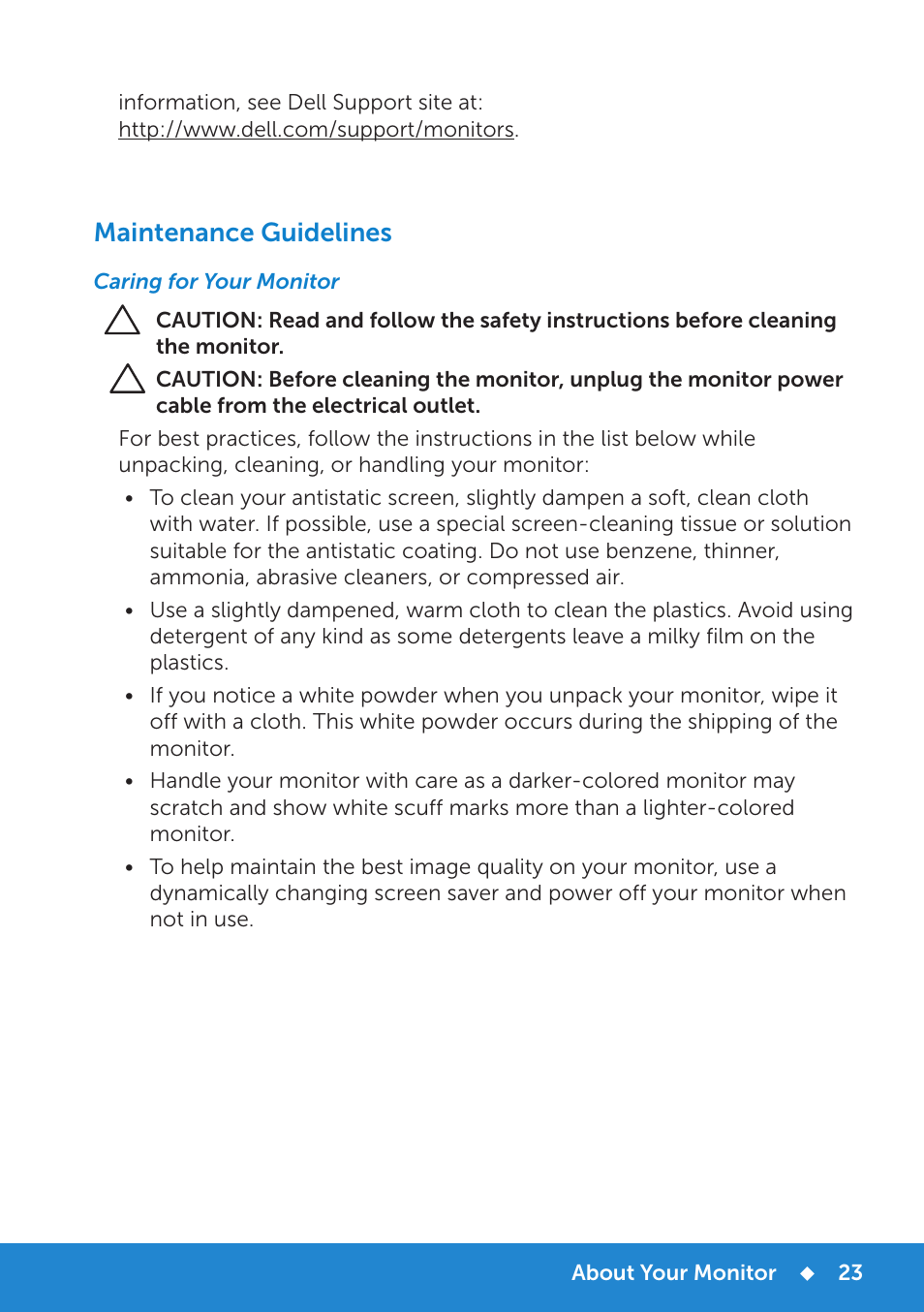 Setting up the monitor, Attaching the stand, Maintenance guidelines | Dell E2214H Monitor User Manual | Page 23 / 70