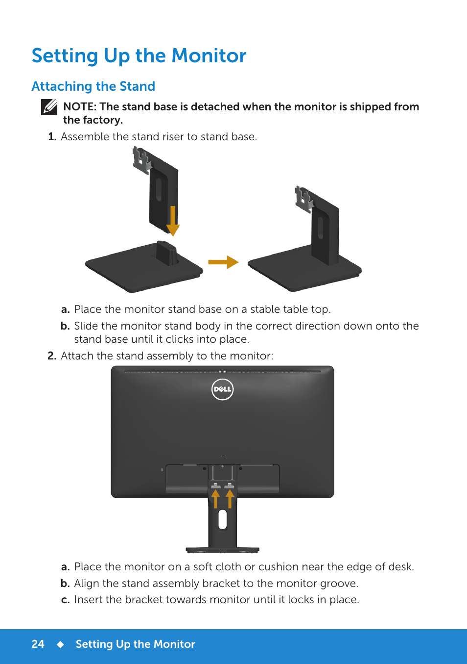 Connecting your monitor, Connecting the blue vga cable, Connecting the white dvi cable | Setting up the monitor, Attaching the stand | Dell E2214H Monitor User Manual | Page 24 / 70