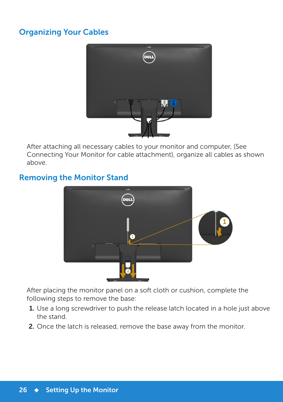Organizing your cables, Wall mounting (optional), Removing the monitor stand | Dell E2214H Monitor User Manual | Page 26 / 70