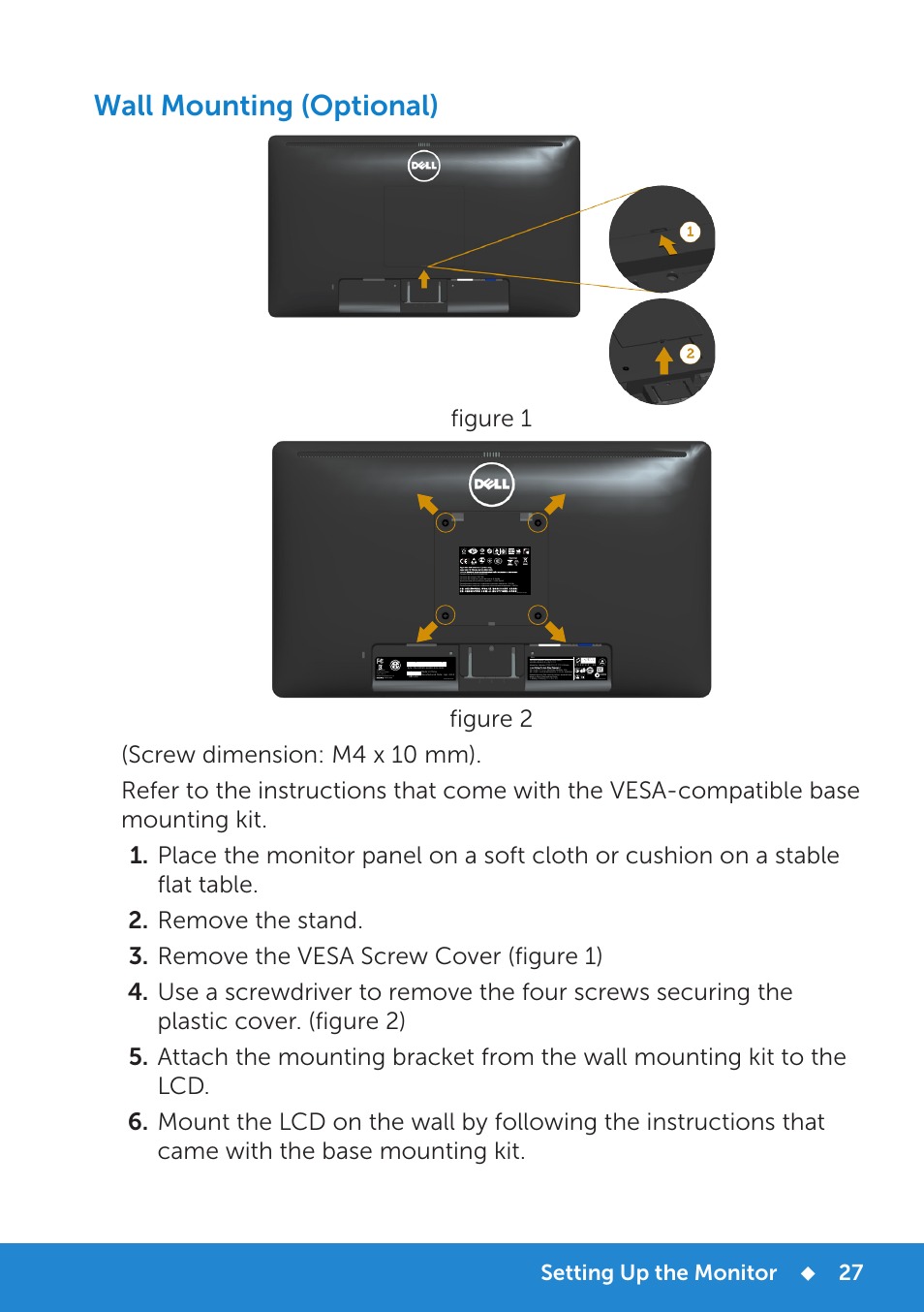 Wall mounting (optional), Figure 1, Setting up the monitor | Dell E2214H Monitor User Manual | Page 27 / 70
