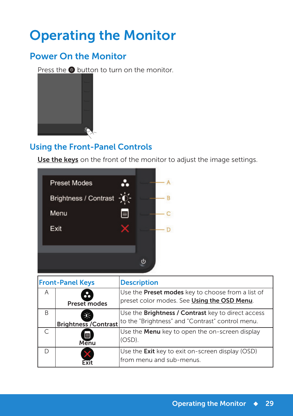 Power on the monitor, Using the front-panel controls, Operating the monitor | Dell E2214H Monitor User Manual | Page 29 / 70