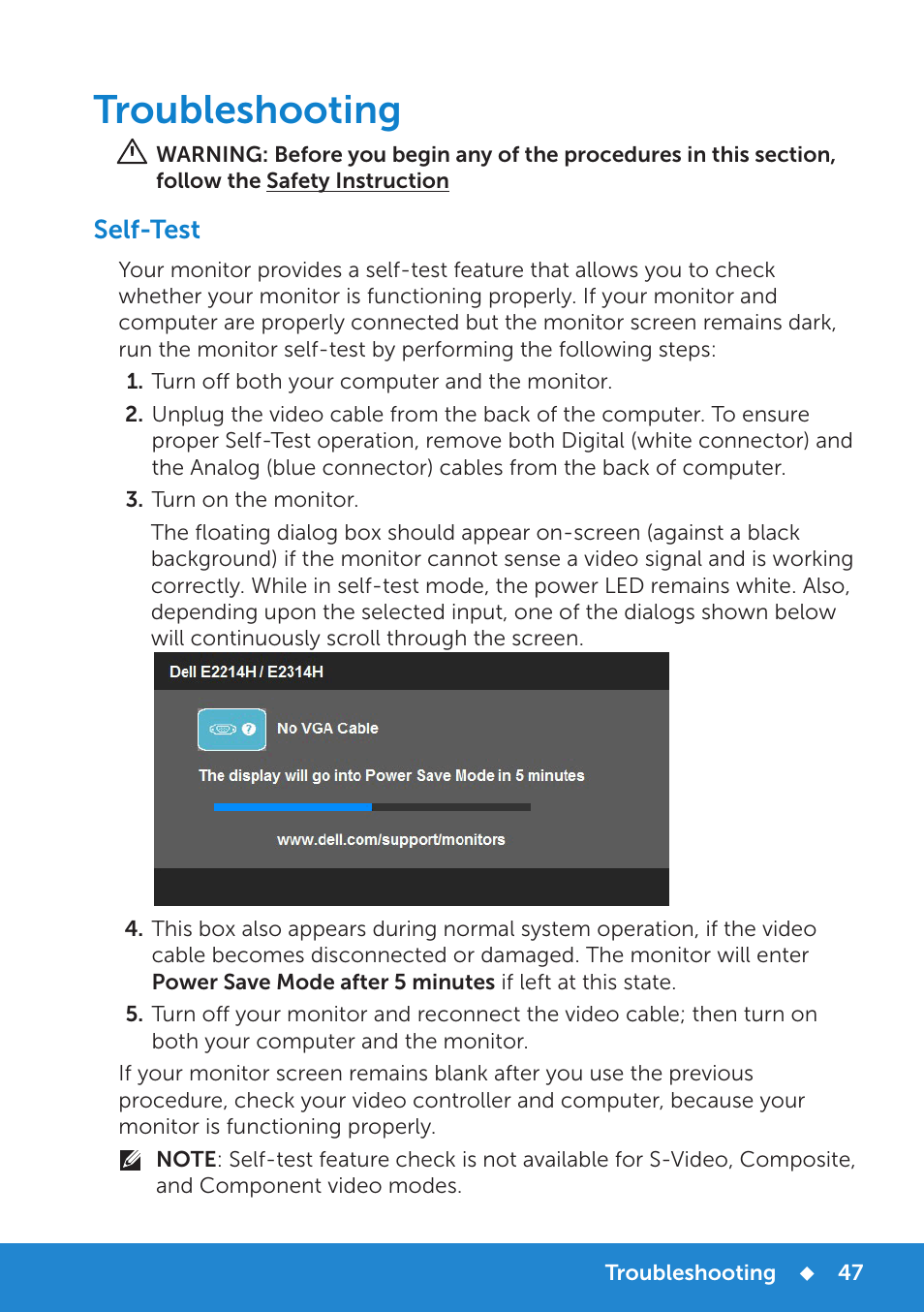 Troubleshooting, Self-test | Dell E2214H Monitor User Manual | Page 47 / 70