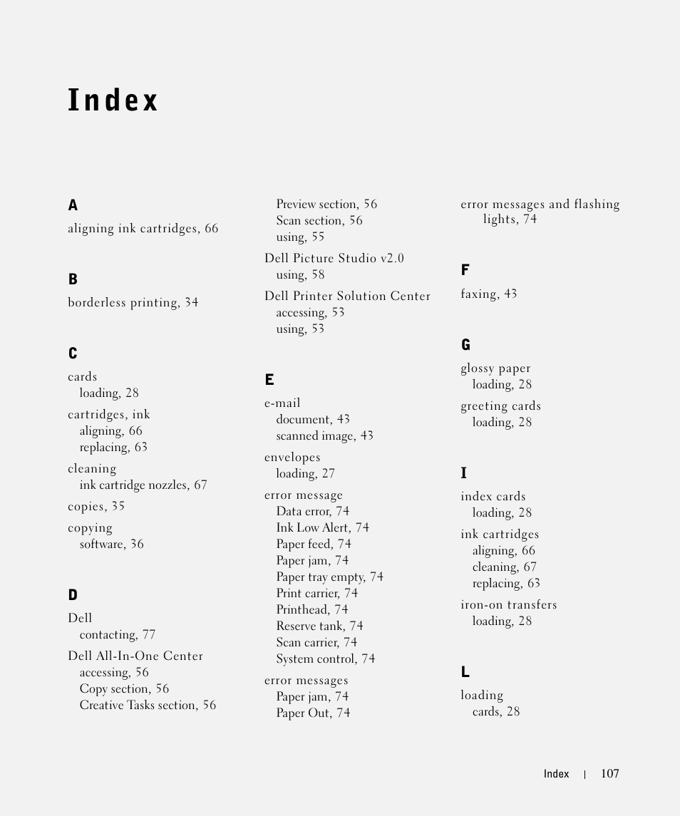 Index | Dell 942 All In One Inkjet Printer User Manual | Page 107 / 108
