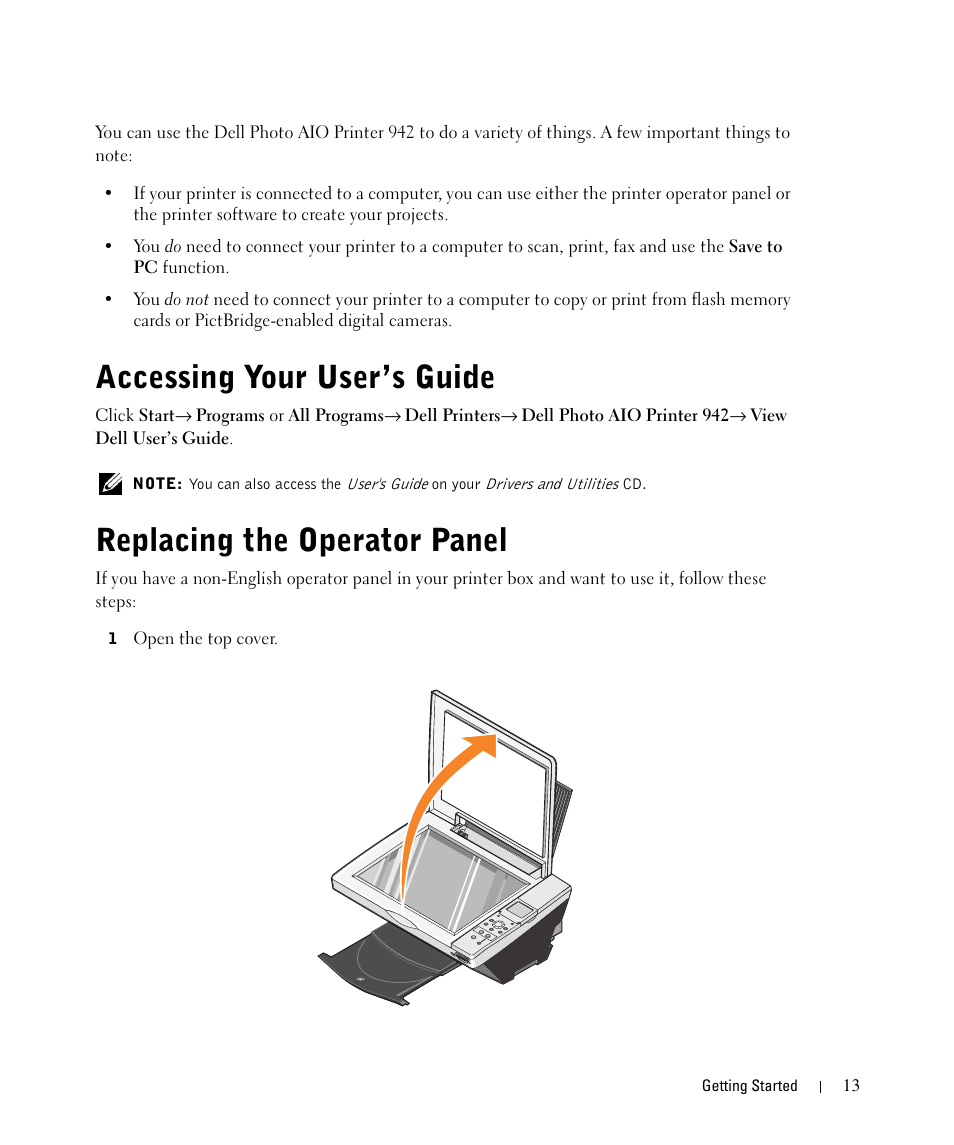 Accessing your user’s guide, Replacing the operator panel, Accessing your | Dell 942 All In One Inkjet Printer User Manual | Page 13 / 108