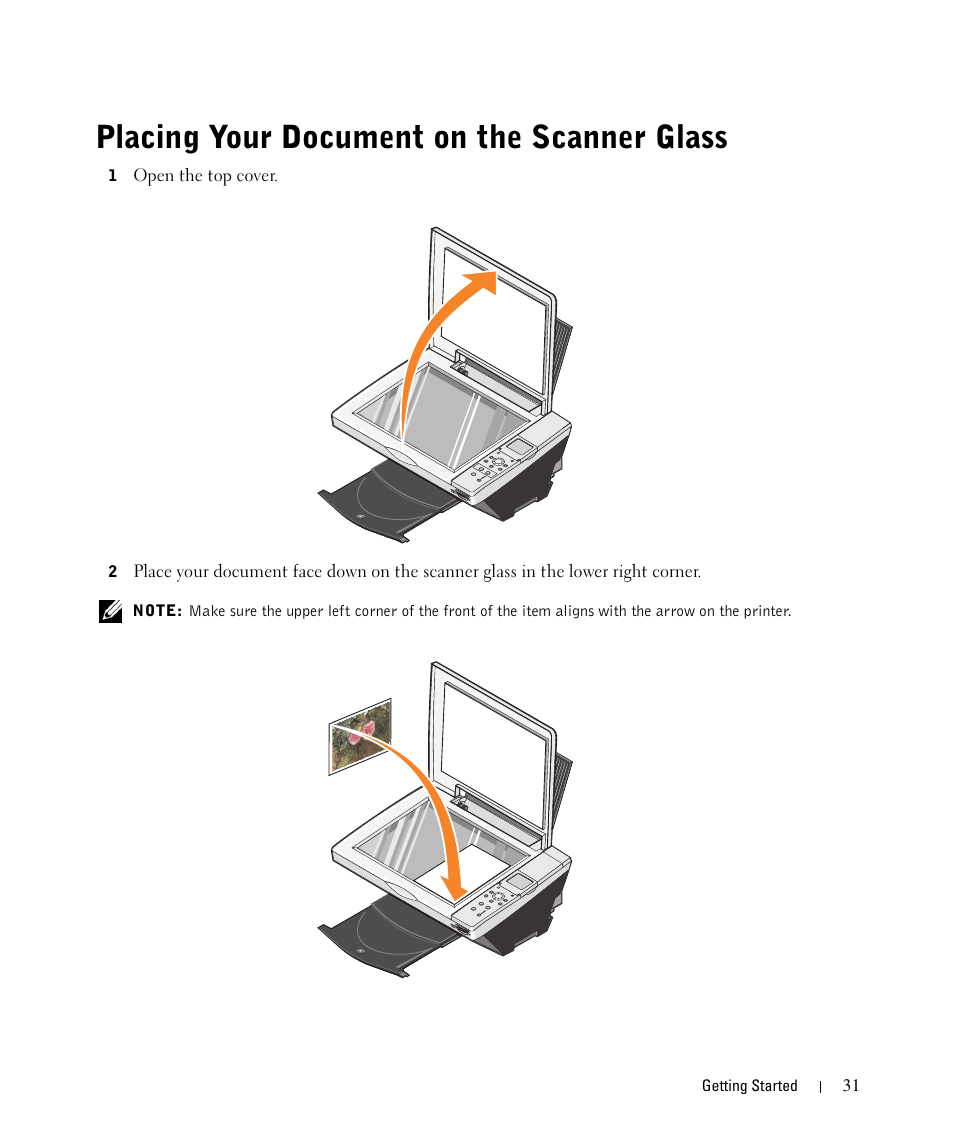 Placing your document on the scanner glass | Dell 942 All In One Inkjet Printer User Manual | Page 31 / 108