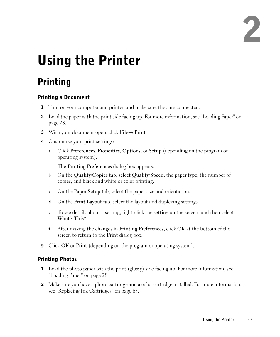 Using the printer, Printing, Printing a document | Printing photos | Dell 942 All In One Inkjet Printer User Manual | Page 33 / 108