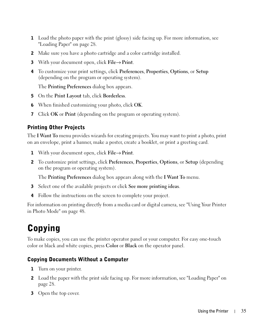 Printing other projects, Copying, Copying documents without a computer | Dell 942 All In One Inkjet Printer User Manual | Page 35 / 108