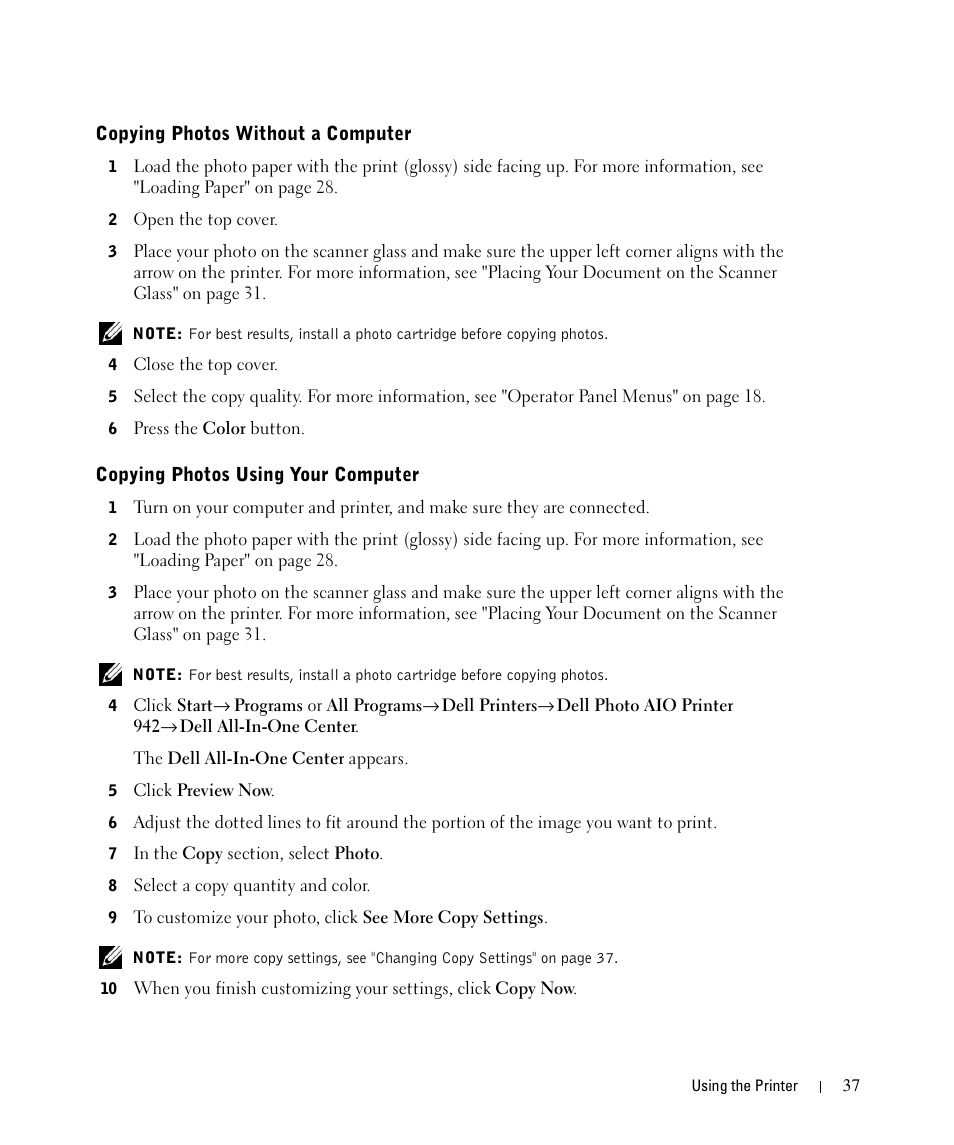 Copying photos without a computer, Copying photos using your computer | Dell 942 All In One Inkjet Printer User Manual | Page 37 / 108