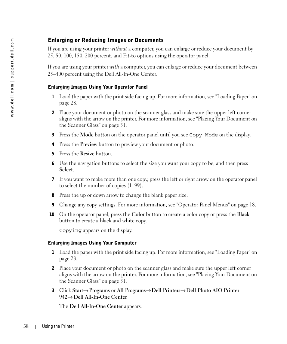 Enlarging or reducing images or documents | Dell 942 All In One Inkjet Printer User Manual | Page 38 / 108