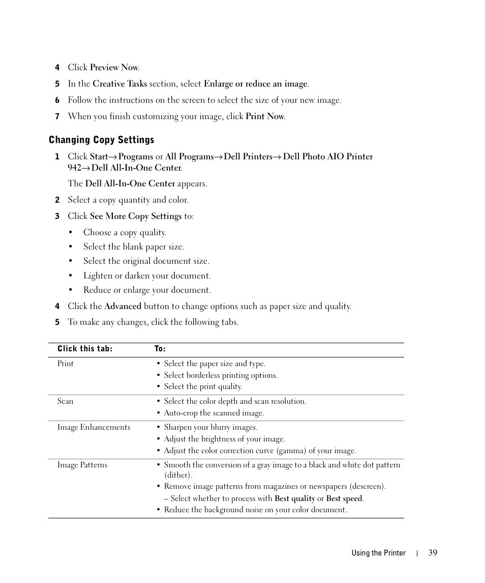 Changing copy settings | Dell 942 All In One Inkjet Printer User Manual | Page 39 / 108