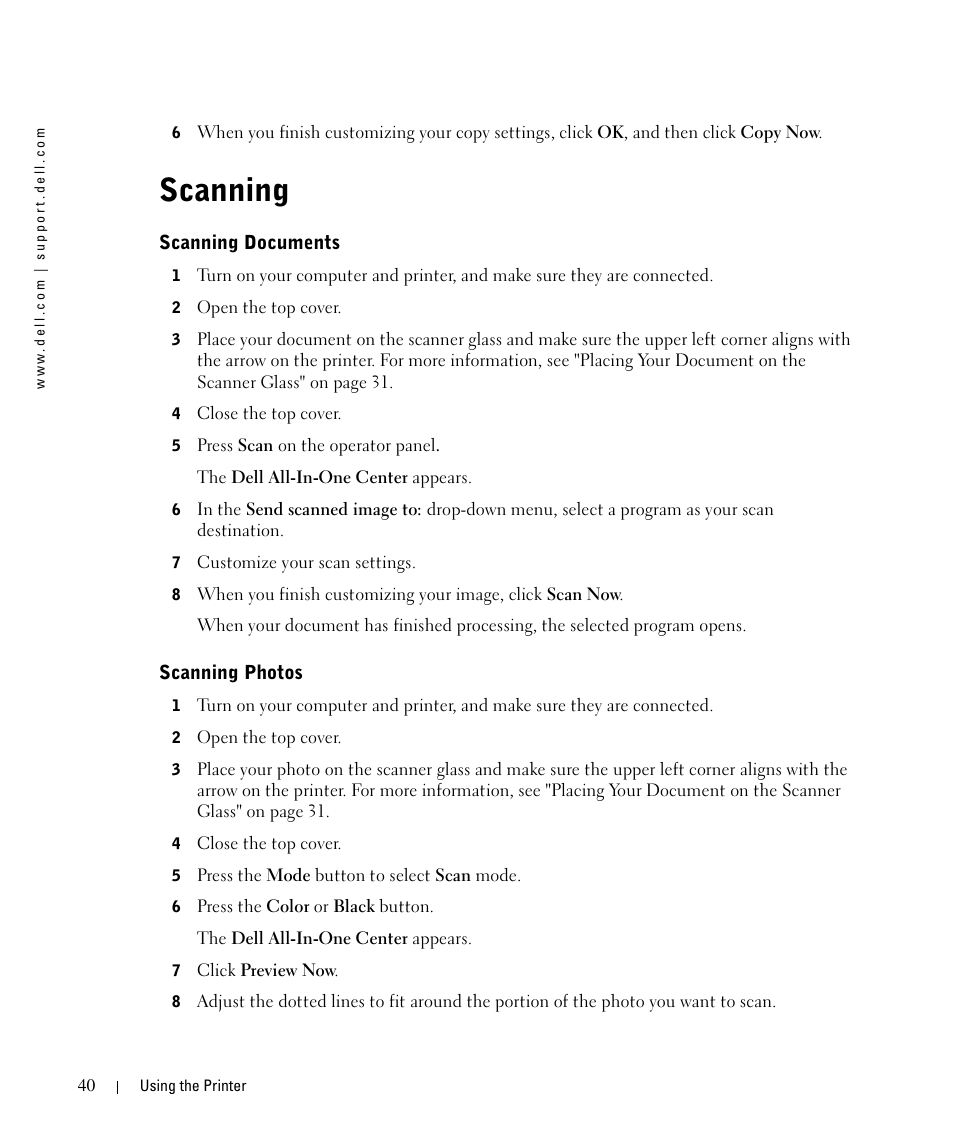 Scanning, Scanning documents, Scanning photos | Dell 942 All In One Inkjet Printer User Manual | Page 40 / 108