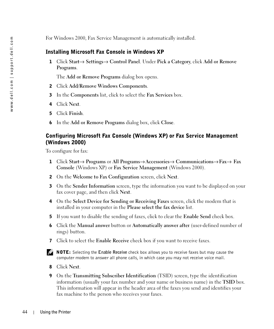 Installing microsoft fax console in windows xp, If you do not see fax in the list that ap | Dell 942 All In One Inkjet Printer User Manual | Page 44 / 108