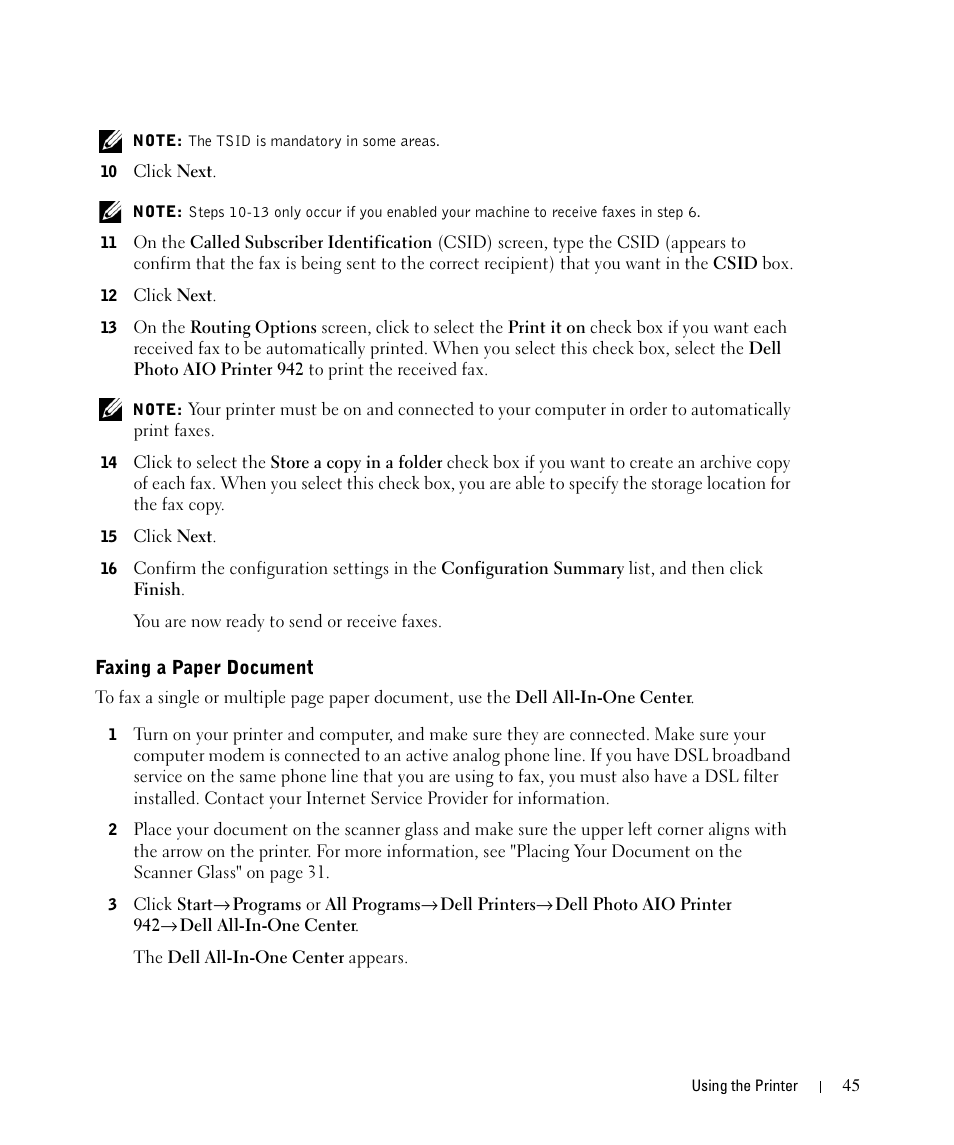 Faxing a paper document | Dell 942 All In One Inkjet Printer User Manual | Page 45 / 108