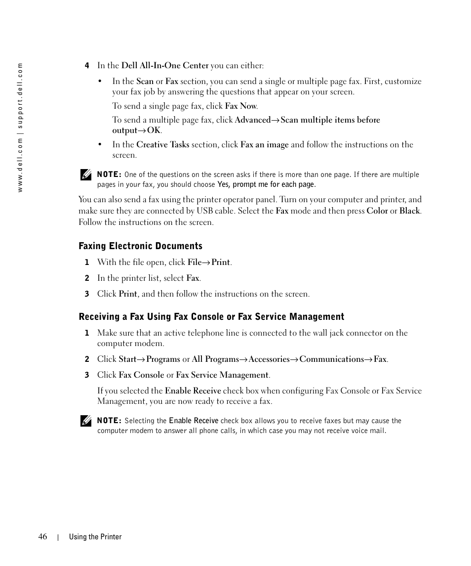 Faxing electronic documents | Dell 942 All In One Inkjet Printer User Manual | Page 46 / 108