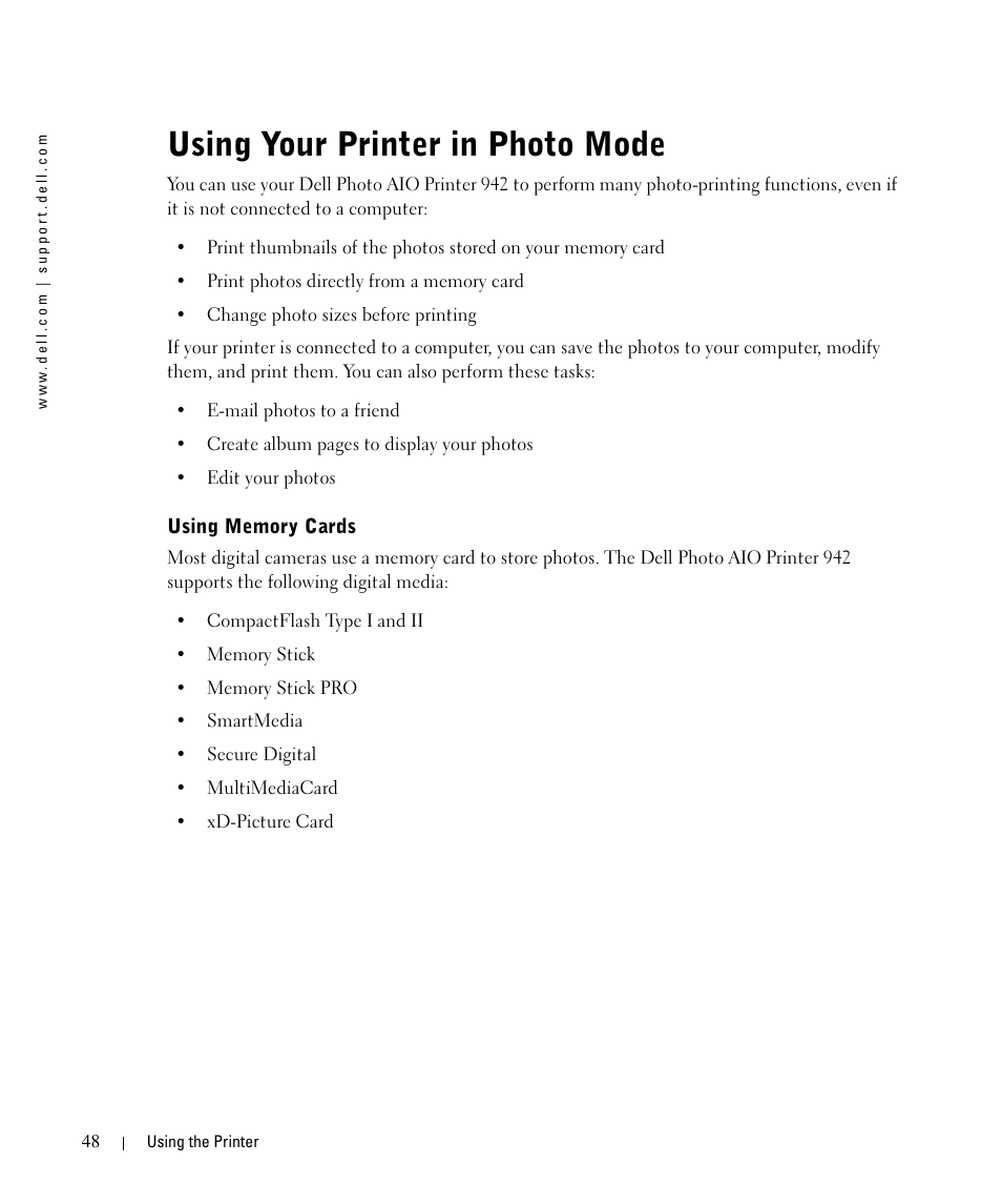 Using your printer in photo mode, Using memory cards | Dell 942 All In One Inkjet Printer User Manual | Page 48 / 108