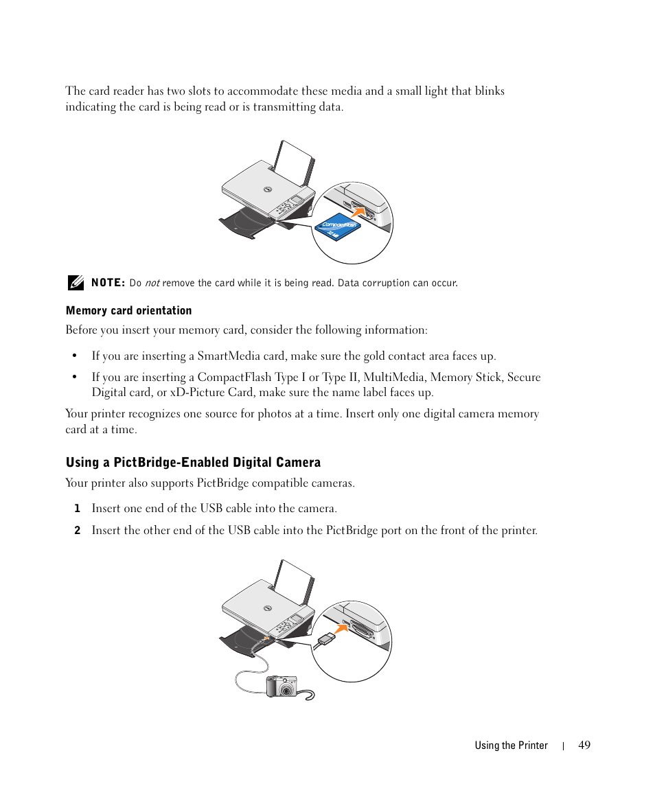 Using a pictbridge-enabled digital camera | Dell 942 All In One Inkjet Printer User Manual | Page 49 / 108
