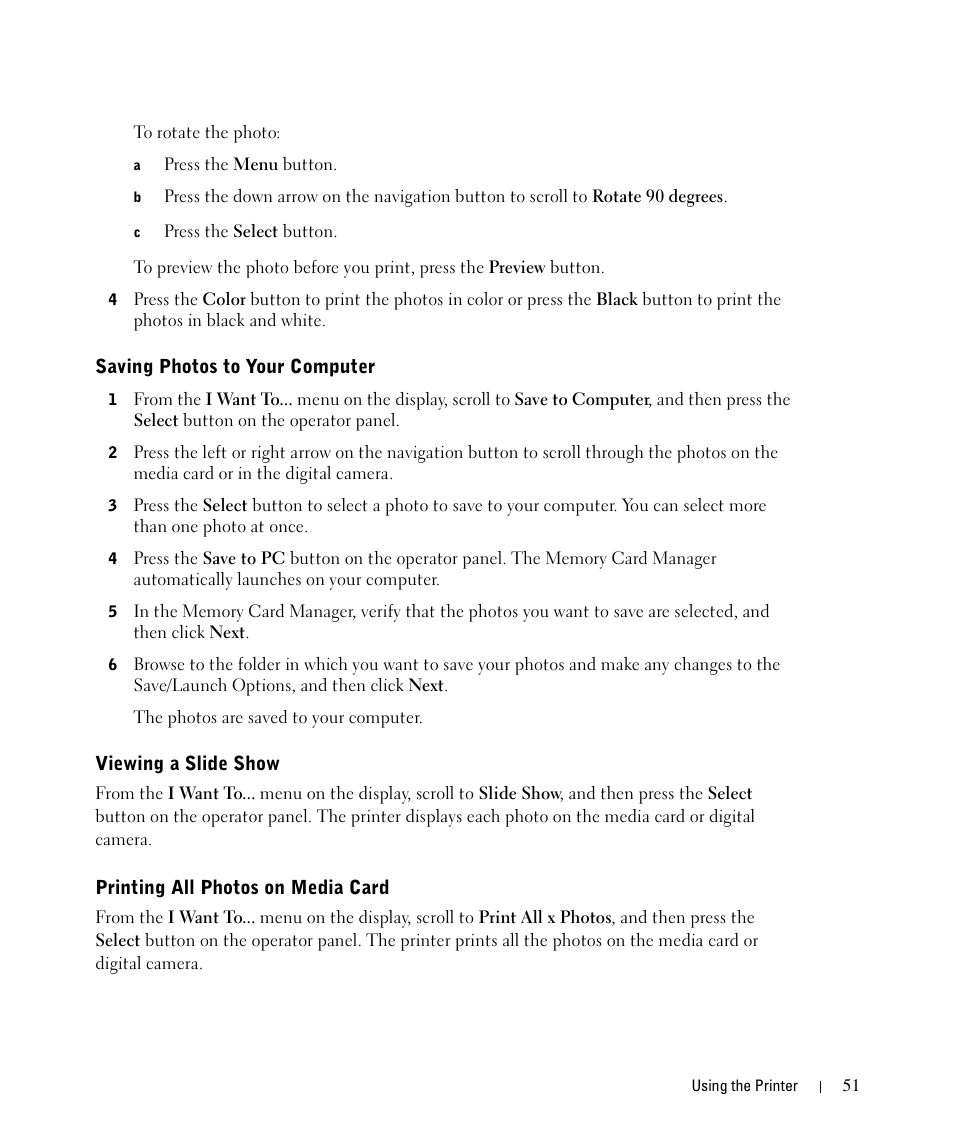 Saving photos to your computer, Viewing a slide show, Printing all photos on media card | Dell 942 All In One Inkjet Printer User Manual | Page 51 / 108