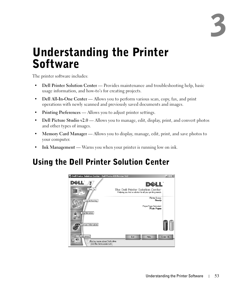 Understanding the printer software, Using the dell printer solution center, Understanding the printer sof tware | Dell 942 All In One Inkjet Printer User Manual | Page 53 / 108