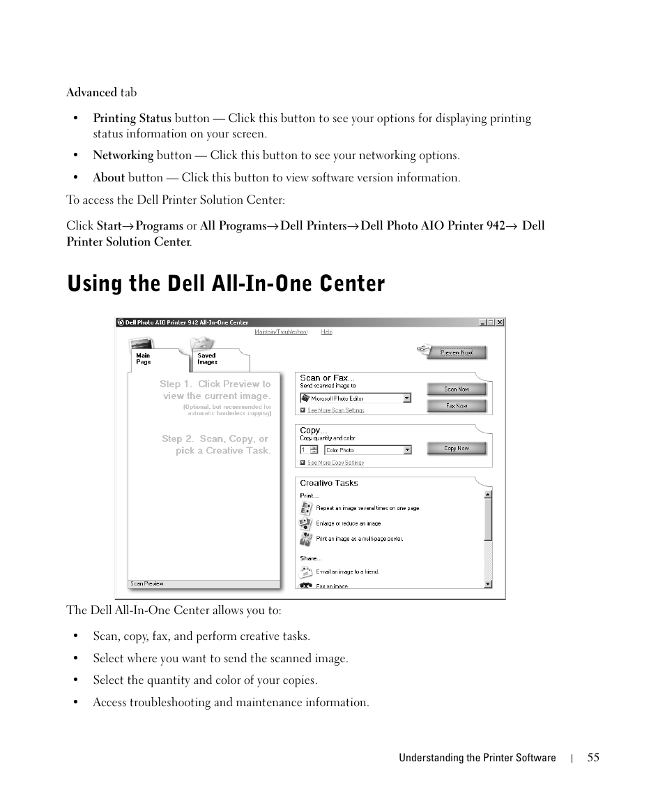 Using the dell all-in-one center | Dell 942 All In One Inkjet Printer User Manual | Page 55 / 108