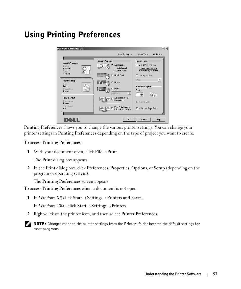Using printing preferences | Dell 942 All In One Inkjet Printer User Manual | Page 57 / 108