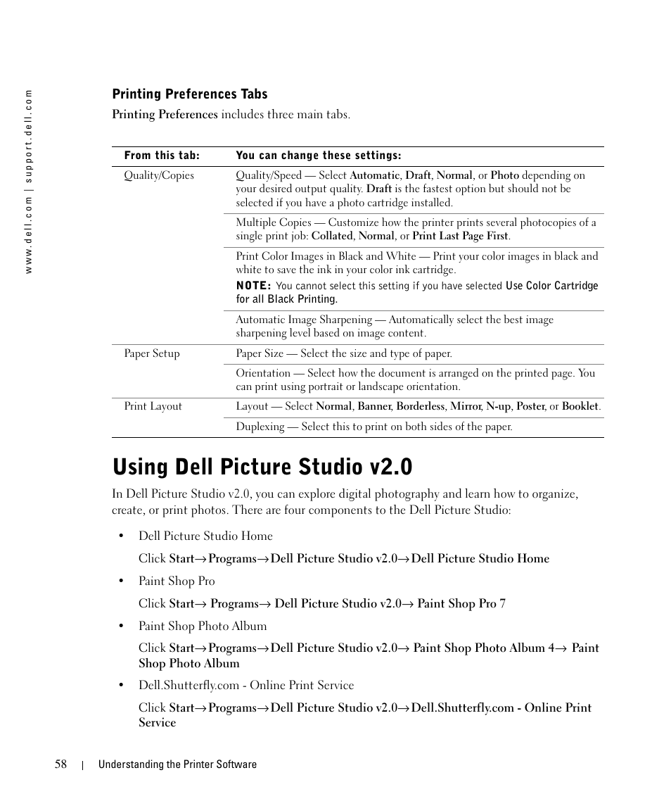 Printing preferences tabs, Using dell picture studio v2.0 | Dell 942 All In One Inkjet Printer User Manual | Page 58 / 108