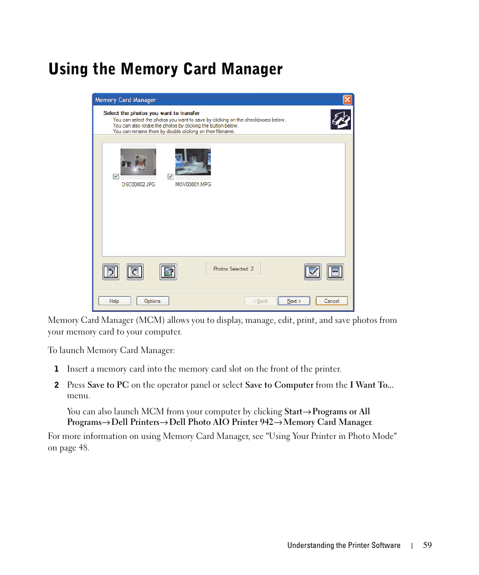 Using the memory card manager | Dell 942 All In One Inkjet Printer User Manual | Page 59 / 108