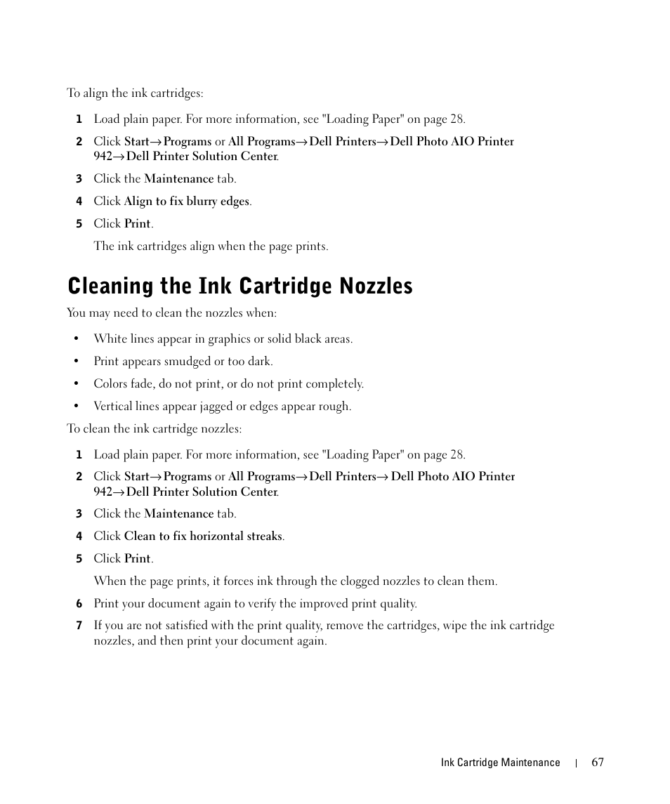 Cleaning the ink cartridge nozzles | Dell 942 All In One Inkjet Printer User Manual | Page 67 / 108