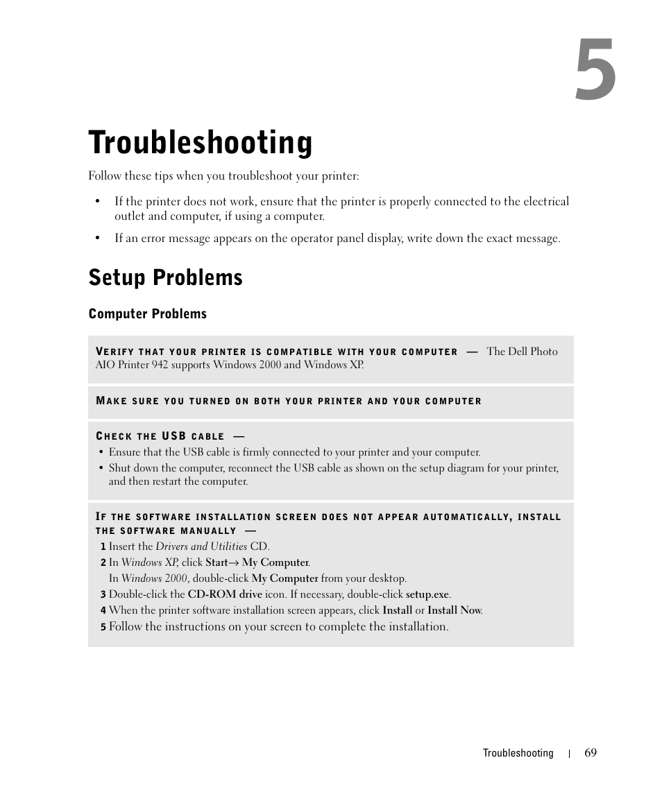 Troubleshooting, Setup problems, Computer problems | Dell 942 All In One Inkjet Printer User Manual | Page 69 / 108