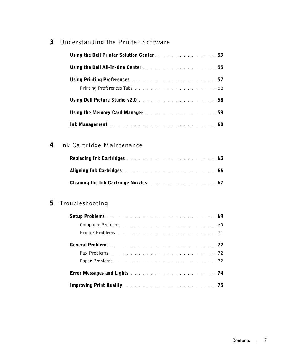 3understanding the printer sof tware, 4ink cartridge maintenance, 5troubleshooting | Dell 942 All In One Inkjet Printer User Manual | Page 7 / 108
