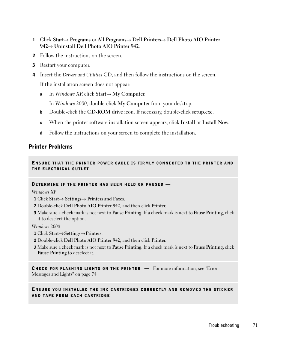 Printer problems | Dell 942 All In One Inkjet Printer User Manual | Page 71 / 108
