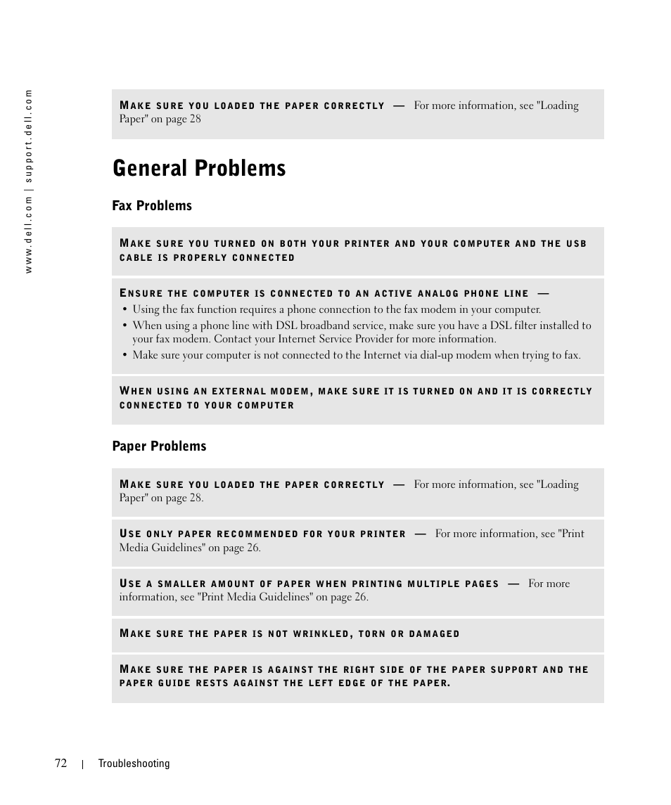 General problems, Fax problems, Paper problems | Fax problems paper problems | Dell 942 All In One Inkjet Printer User Manual | Page 72 / 108