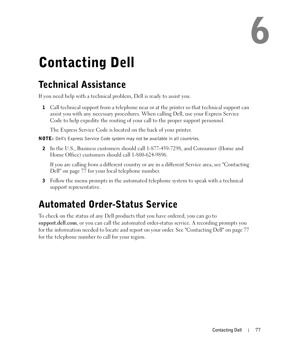 Contacting dell, Technical assistance, Automated order-status service | Dell 942 All In One Inkjet Printer User Manual | Page 77 / 108