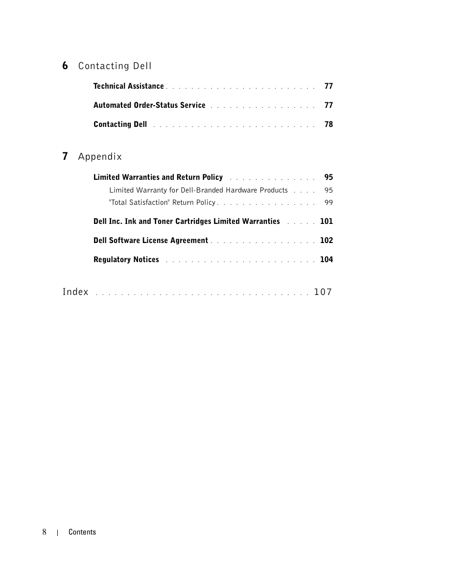 6contacting dell, 7appendix, Index | Dell 942 All In One Inkjet Printer User Manual | Page 8 / 108