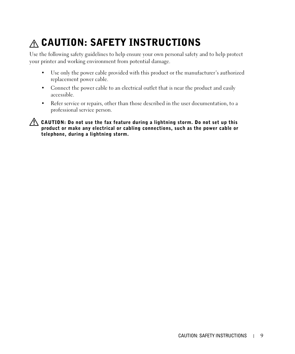 Caution: safety instructions | Dell 942 All In One Inkjet Printer User Manual | Page 9 / 108