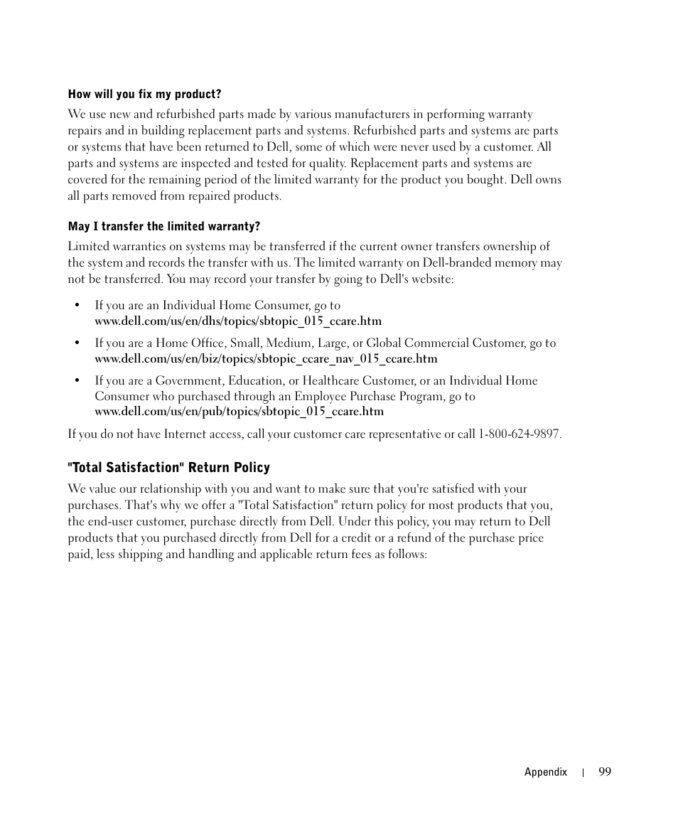 Total satisfaction" return policy | Dell 942 All In One Inkjet Printer User Manual | Page 99 / 108