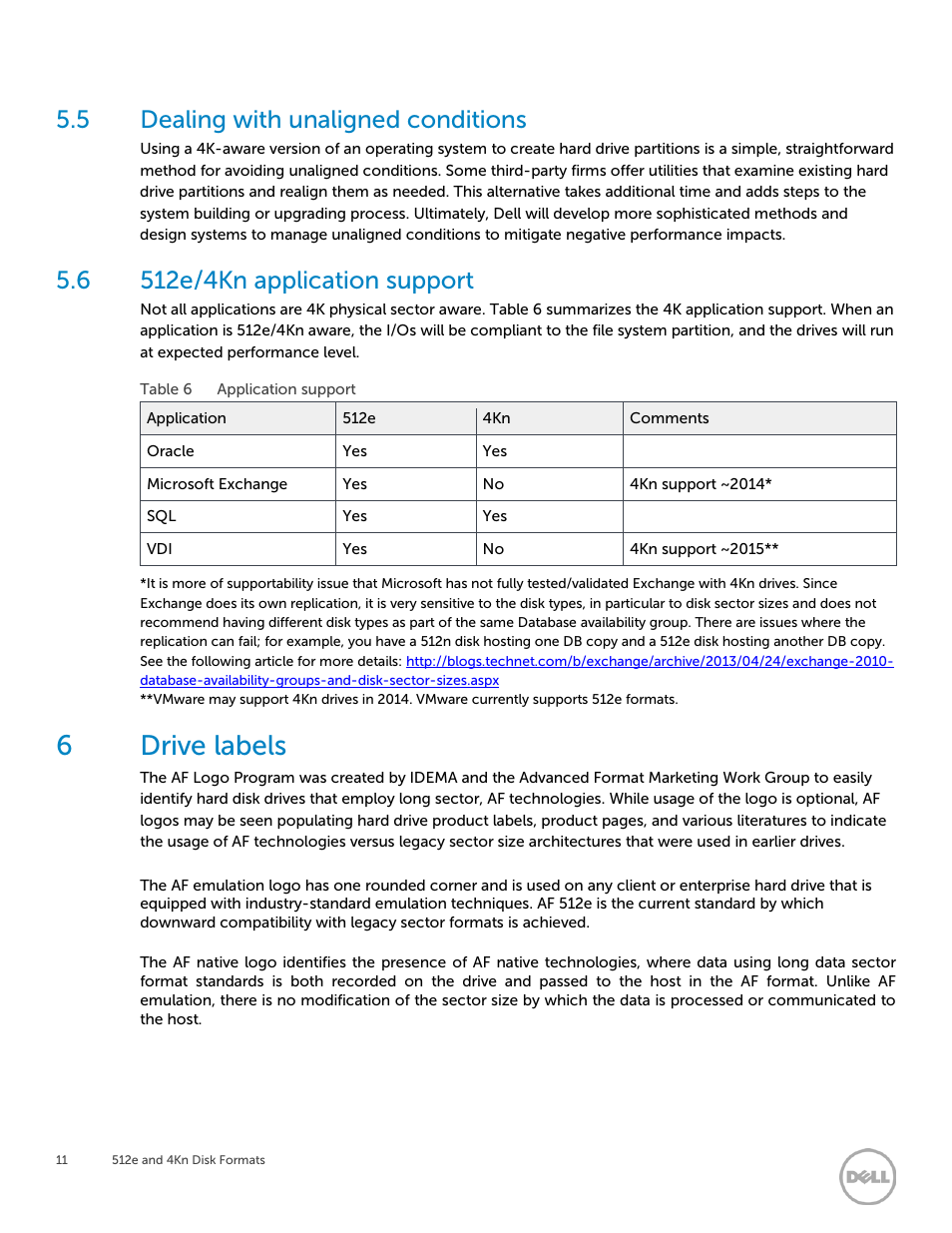 5 dealing with unaligned conditions, 6 512e/4kn application support, 6 drive labels | Dealing with unaligned conditions, 512e/4kn application support, Drive labels, 6drive labels | Dell PowerEdge R530 User Manual | Page 11 / 12