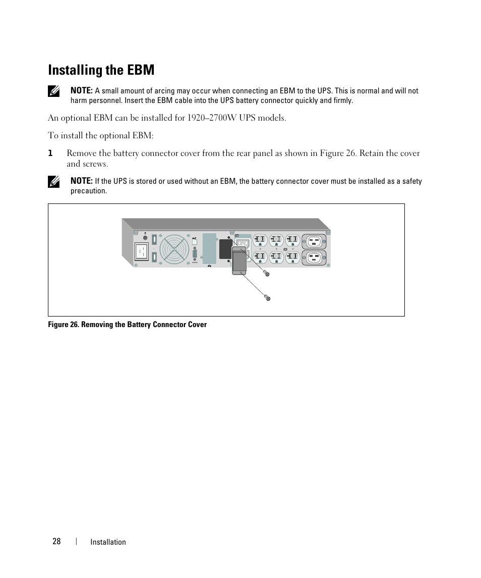 Installing the ebm | Dell UPS 1920R User Manual | Page 28 / 73