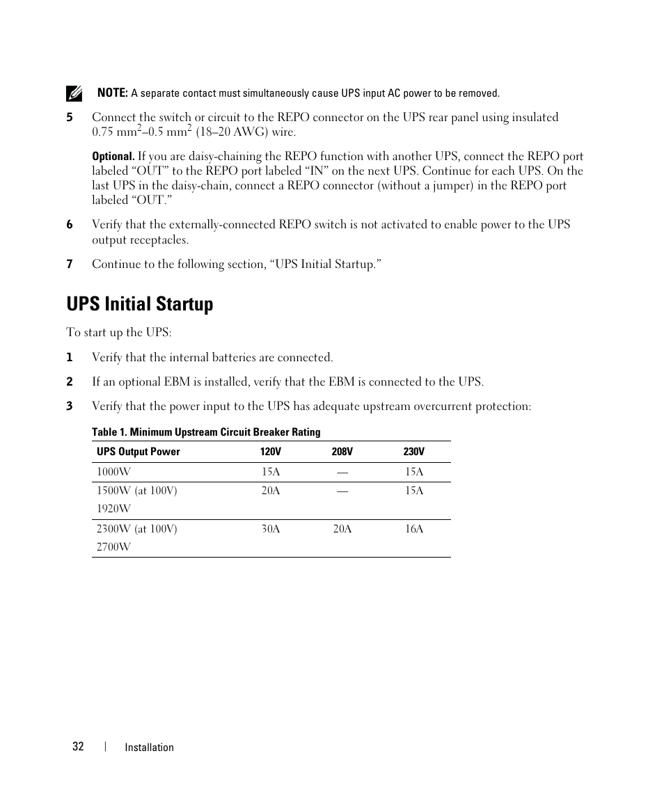 Ups initial startup | Dell UPS 1920R User Manual | Page 32 / 73