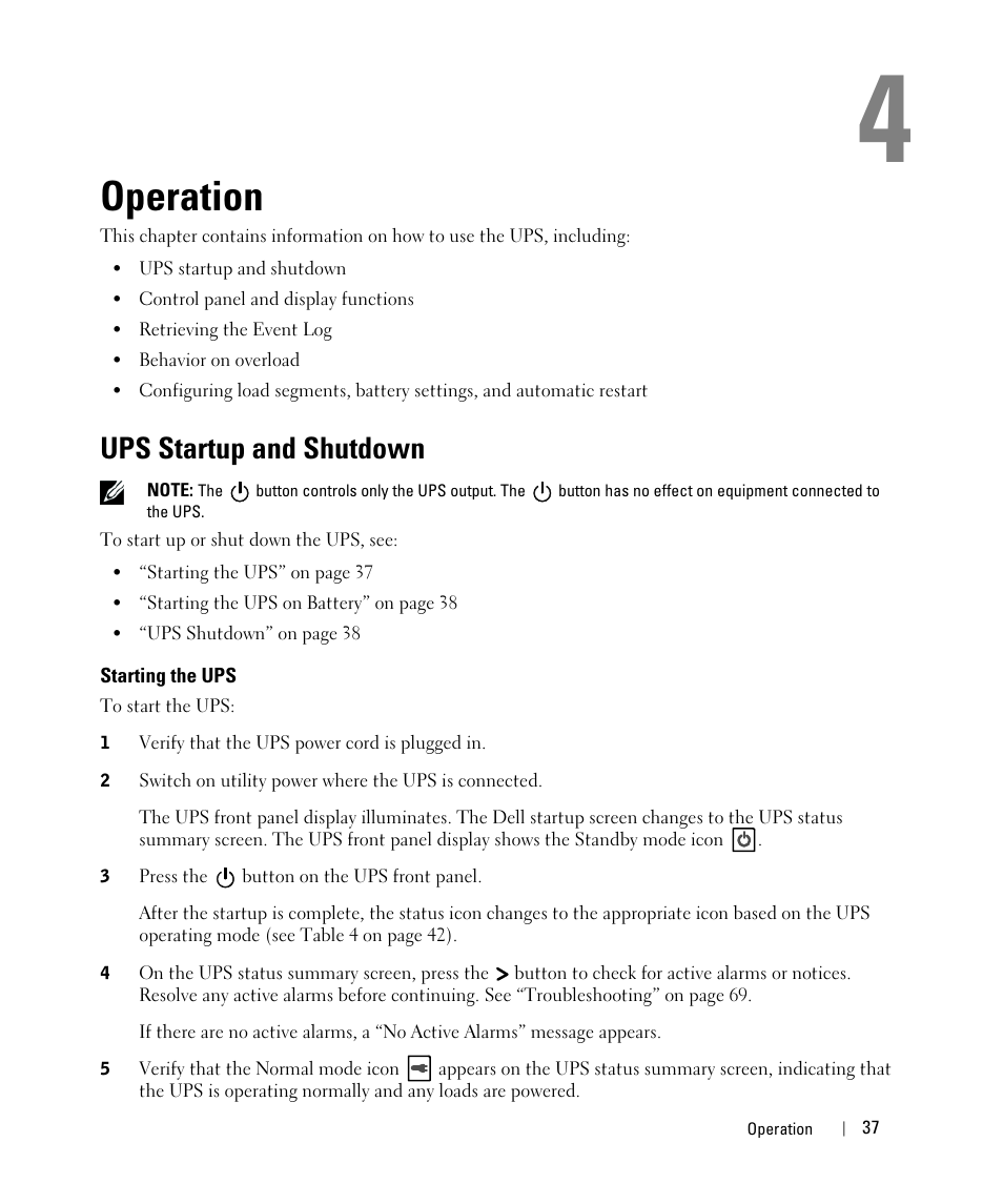 Operation, Ups startup and shutdown, Starting the ups | Dell UPS 1920R User Manual | Page 37 / 73